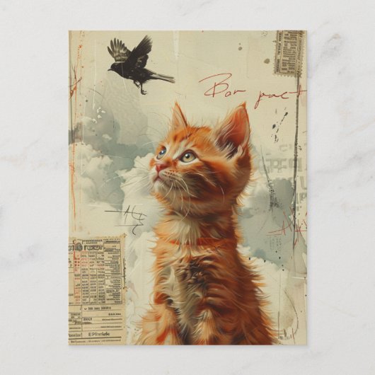 Schattige gemberkitten met Black Bird Mixed Media Briefkaart (Voorkant)