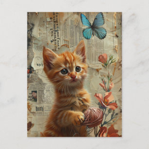 Schattige gemberkitten met garenblauwe vlinder briefkaart