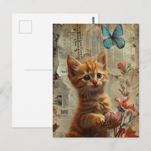 Schattige gemberkitten met garenblauwe vlinder briefkaart (Voorkant / Achterkant)