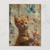 Schattige gemberkitten met garenblauwe vlinder briefkaart (Voorkant)