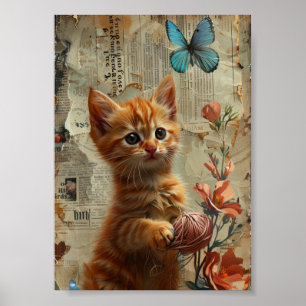 Schattige gemberkitten met garenblauwe vlinder poster