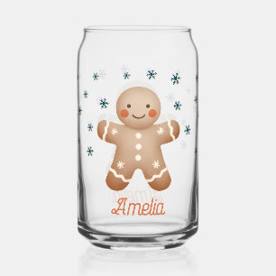 Schattige Gemberkoek Man Sneeuwvlokken Naam Kerstm Blikvorm Glas
