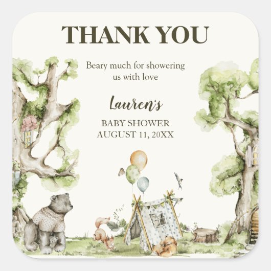 Schattige Gender Neutral Woodland Baby shower Dank Vierkante Sticker (Voorkant)