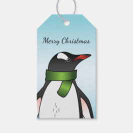 Schattige Gentoo-pinguïn met een groene sjaal op e Cadeaulabel