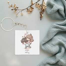 Schattige gepersonaliseerd chibi-stijl speels paar sleutelhanger