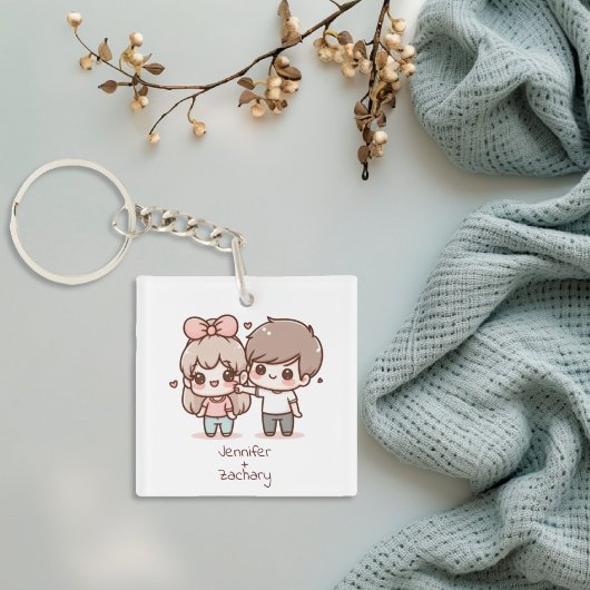 Schattige gepersonaliseerd flirten koppel in Chibi Sleutelhanger