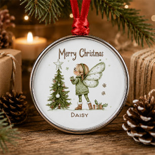 Schattige gepersonaliseerde kerstelf en -boom metalen ornament
