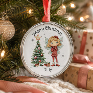 Schattige gepersonaliseerde kerstelf en boom metalen ornament