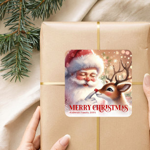 Schattige gepersonaliseerde Kerstman Rudolph Winte Vierkante Sticker