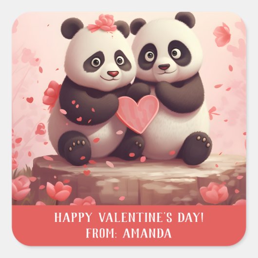 Schattige gepersonaliseerde panda-valentijn vierkante sticker (Voorkant)