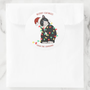 Schattige gepersonaliseerde vrolijke KatMus Kerstm Ronde Sticker