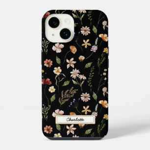 Schattige gepersonaliseerde zwarte bloem wilde blo iPhone 14 hoesje