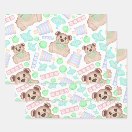 Schattige Geslachtsneutrale teddybeer Baby Inpakpapier Vel (Set)