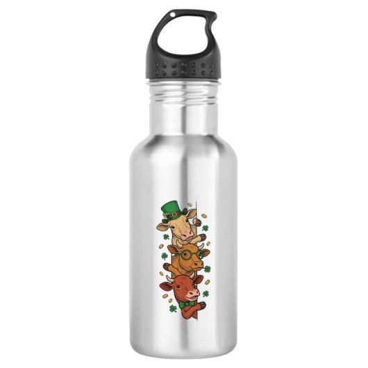 Schattige Gestapelde Koeien St Patrick Vintage Gra Waterfles (Voorkant)