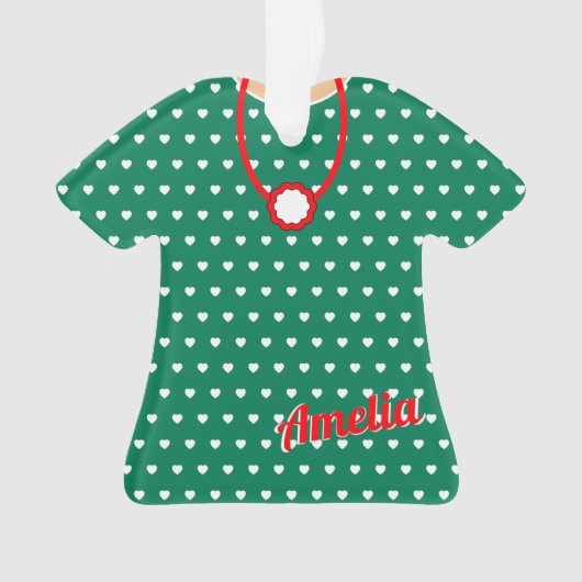 Schattige gestippelde rood groene kerstpoppenjurk  ornament (voorkant)