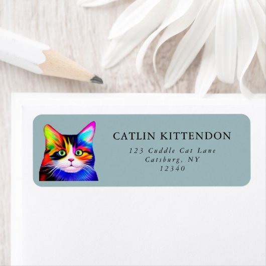 Schattige gestreepte veelkleurige regenboogkat gez etiket (Insitu)