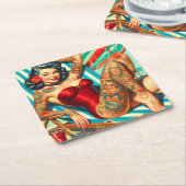 Schattige getatoeëerd zwempak pin-up kartonnen onderzetters (Schuin)