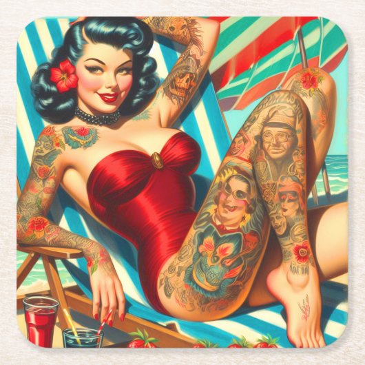 Schattige getatoeëerd zwempak pin-up kartonnen onderzetters (Voorkant)