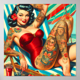 Schattige getatoeëerd zwempak pin-up poster