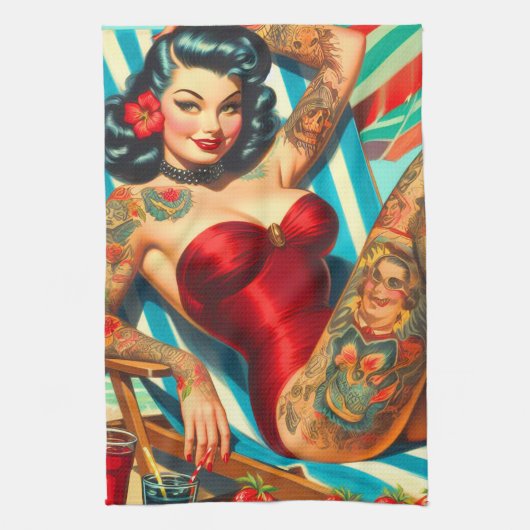 Schattige getatoeëerd zwempak pin-up theedoek (Verticaal)