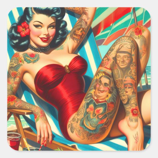 Schattige getatoeëerd zwempak pin-up vierkante sticker (Voorkant)