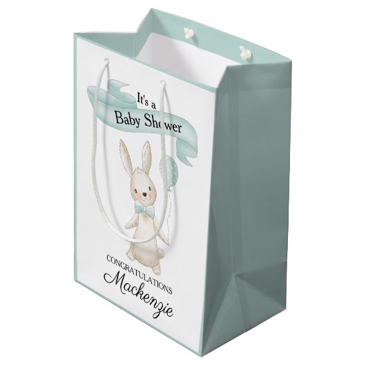 Schattige gevulde konijn met Blauwgroen ballon Bab Medium Cadeauzakje (Achterkant Gekanteld)