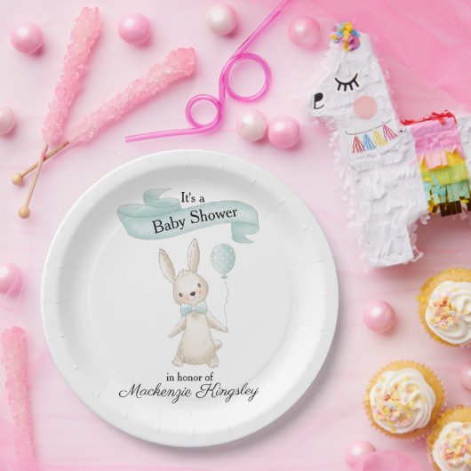 Schattige gevulde konijn met Blauwgroen ballon Bab Papieren Bordje (Feest)