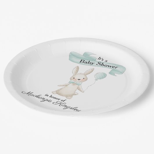 Schattige gevulde konijn met Blauwgroen ballon Bab Papieren Bordje (Gekanteld)