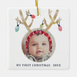 Schattige gewei eerste kerst nieuwe baby keramisch ornament<br><div class="desc">Vier de eerste kerstdagen van uw baby met een gepersonaliseerd ornament dat u nog jaren zult koesteren! Ons "My First Christmas" ornament is voorzien van een heerlijke waterverf tekening van een gewei hoofdband met kerstverlichting. Met ruimte voor een foto van je kleintje is dit ornament de perfecte aanvulling op je...</div>