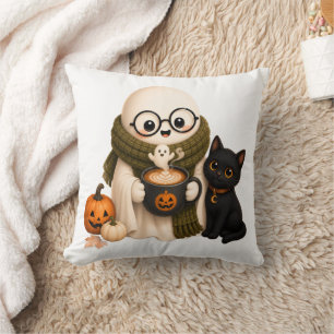 Schattige gezellige Halloween-geest met zwarte kat Kussen