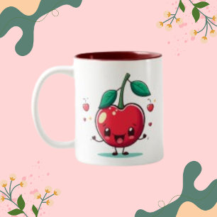 Schattige gezicht van kersenfruit, met minimale gr tweekleurige koffiemok