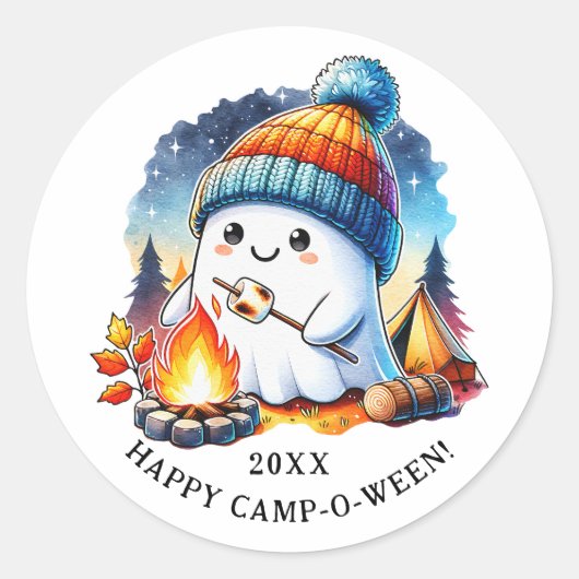 Schattige Ghost Camping Halloween Happy Camp-o-wee Ronde Sticker (Voorkant)