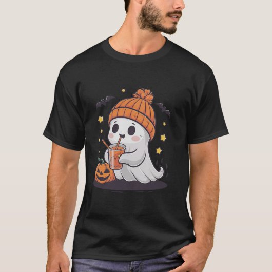 Schattige Ghost Drink Coffee Funny Pumpkin Costume T-shirt (Voorkant)
