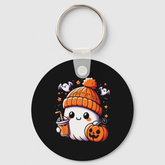 Schattige Ghost Drink Coffee Halloween Coffee Vrou Sleutelhanger (Voorkant)