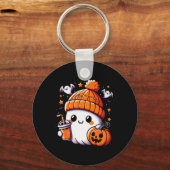 Schattige Ghost Drink Coffee Halloween Coffee Vrou Sleutelhanger (Voorkant)