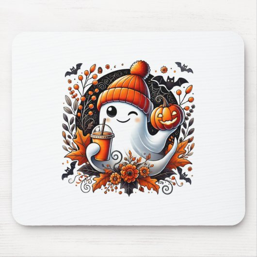 Schattige Ghost Drink Coffee Halloween Theme Spook Muismat (Voorkant)