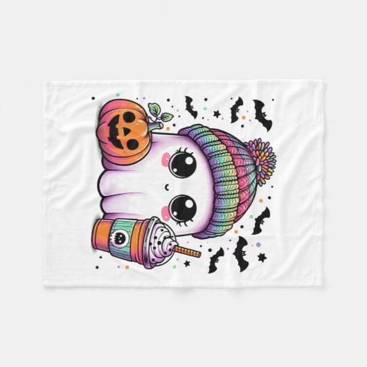 Schattige Ghost Drink Coffee Latte Ghost Boo Hallo Fleece Deken (Voorkant (Horizontaal))