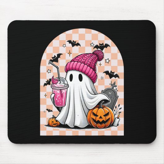 Schattige Ghost Drink Koffie Ghost Halloween Check Muismat (Voorkant)