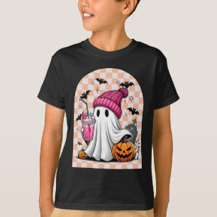 Schattige Ghost Drink Koffie Ghost Halloween Check T-shirt