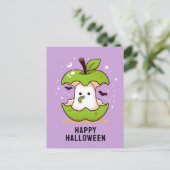 Schattige Ghost en Apple Paarse Halloween briefkaa Briefkaart (Staand voorkant)