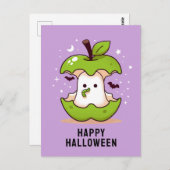 Schattige Ghost en Apple Paarse Halloween briefkaa Briefkaart (Voorkant / Achterkant)
