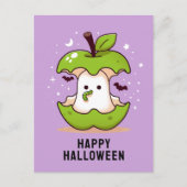 Schattige Ghost en Apple Paarse Halloween briefkaa Briefkaart (Voorkant)