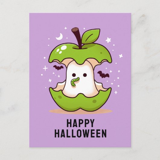 Schattige Ghost en Apple Paarse Halloween briefkaa Briefkaart (Voorkant)
