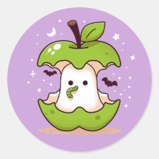 Schattige Ghost en Apple Paarse Halloween Ronde Sticker