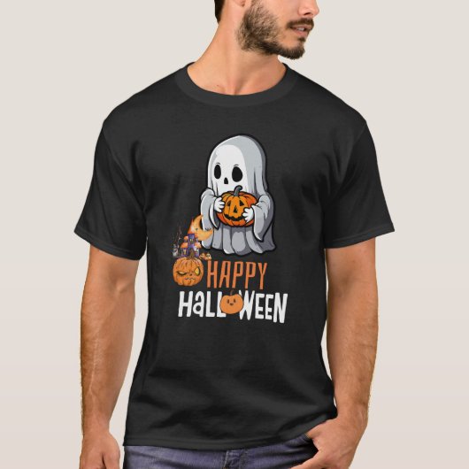 Schattige Ghost en Pumpkin "Happy Halloween" T-shi T-shirt (Voorkant)