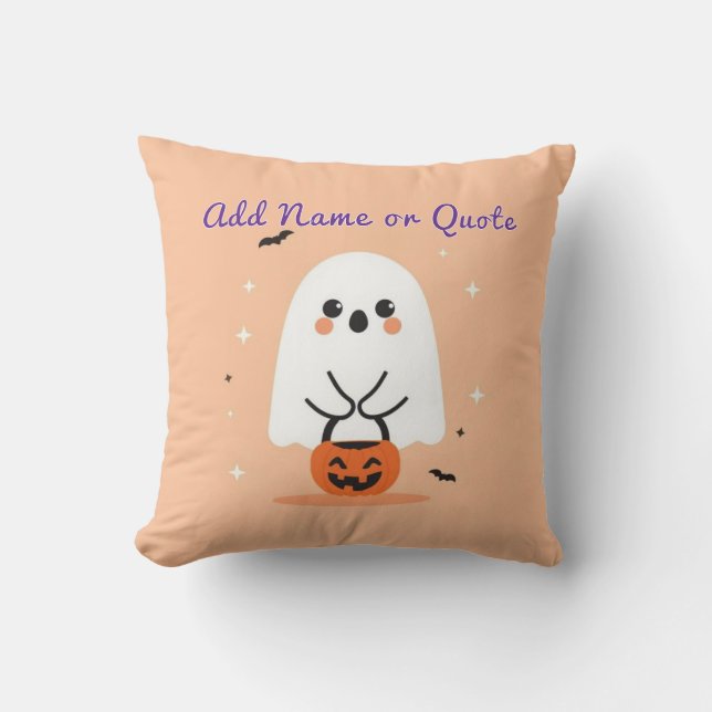 Schattige Ghost Halloween Pillow – Bewerkbare teks Kussen (Voorkant)