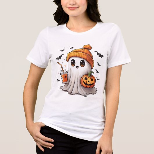 Schattige Ghost Holding Pumpkin Halloween T-Shirt  (Voorkant)