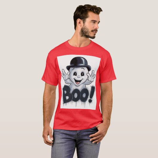 Schattige Ghost met Bowler Pet en 'BOO!' Graffiti T-shirt (Voorkant volledig)