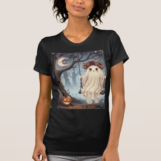 Schattige Ghost on Swing Halloween Haunting In Sti T-shirt (Voorkant)