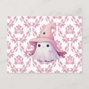 Schattige Ghost Pink Witch's Pet Roze & Wit Hallow Feestdagenkaart